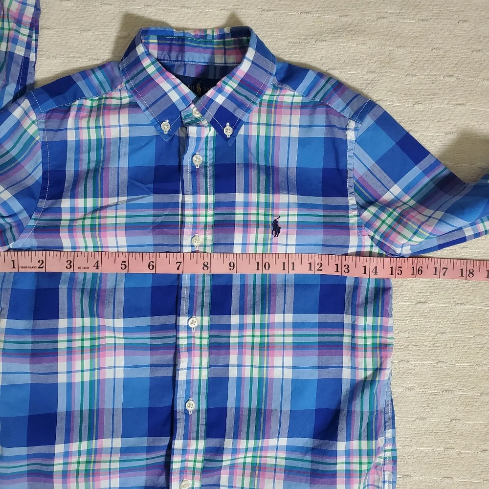 Ralph Lauren Boy blue plaid button down shirt Oxford Natural stretch Size 7‎
